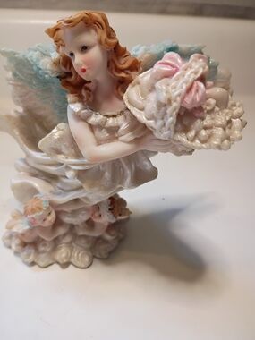 Vintage Angel Holding Basket Of Flowers With Cherubs Glittered Wings